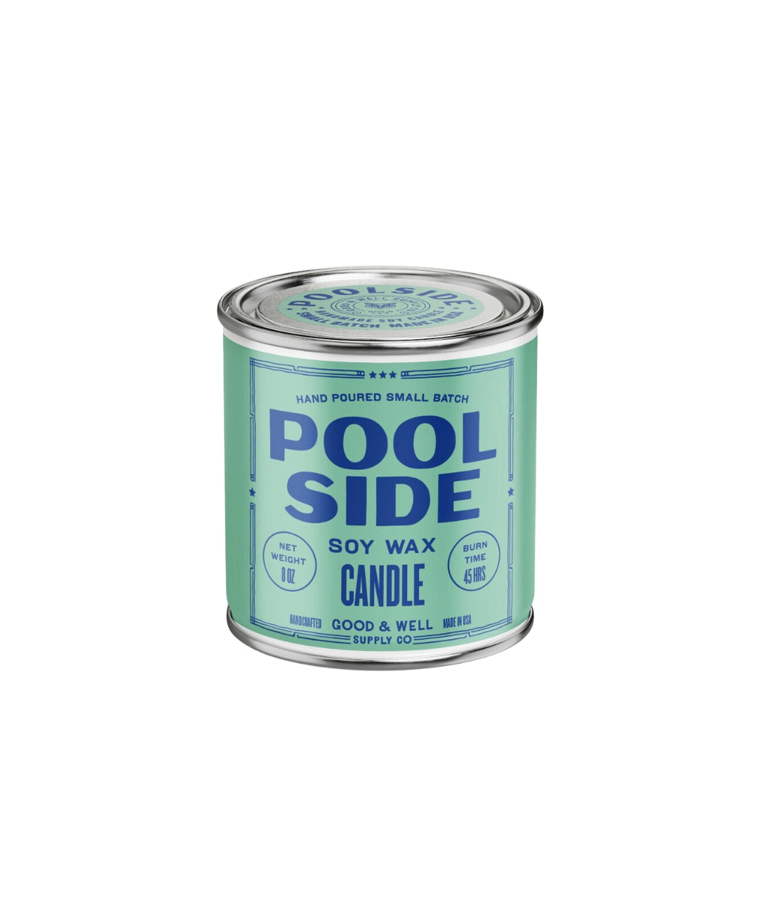 A light blue and green tin labeled "G&W Soy Candle" by Faire, hand-poured in small batches for a 45-hour burn time, delivers nostalgic joy through unique scent notes.