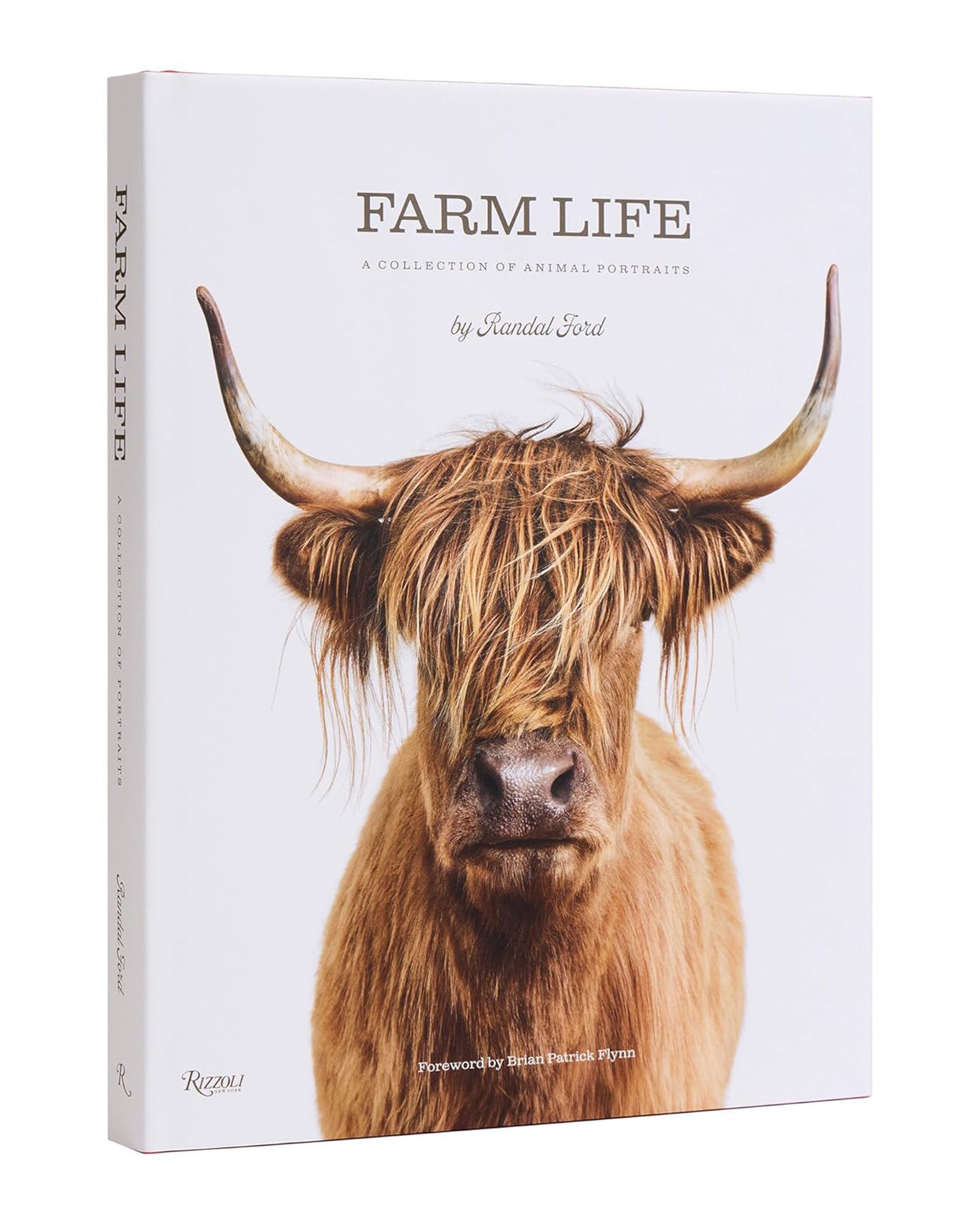 The cover of "Farm Life" by Random House features striking animal photography, displaying a close-up of a Highland cow with long shaggy hair and large horns against a white background.