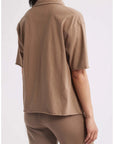 Loose brown Frank & Eileen Patty Popover SS Henley and pants, back view, relaxed fit, casual style.
