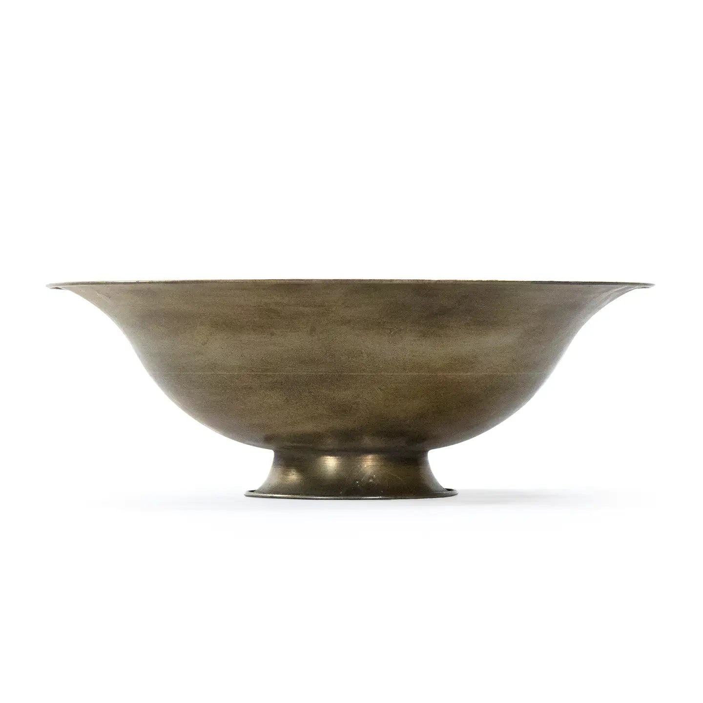 The Zentique Magalie Bowl Antique Gold features a wide, shallow shape with a flared rim and round pedestal base, ideal as a centerpiece. Shown against a plain white background.