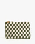 The Clare Vivier Flat Clutch W/Tabs is a rectangular crocheted cotton bag in green and white checkerboard, accented with a small gold round charm on the zipper. Set against a plain white background.
