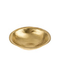 The Indaba 1-1234 Forged Brass Bowl is a shallow, round handmade piece with a smooth, slightly uneven finish—ideal as a catchall—shown here on a plain white background.