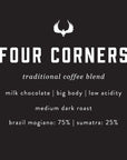 A coffee label for "Coffee 5LB" by Press Coffee Roasters: a traditional blend with notes of milk chocolate, big body, low acidity, and medium dark roast. Crafted from Latin American and Sumatran beans. Stylized bird logo above the name.
