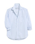 The EILEEN Relaxed Button-Up Shirt by Frank & Eileen features a light blue and white vertical stripe, long sleeves, a collar, front pocket, and label inside the collar. The fit is relaxed with sleeves slightly rolled up.
