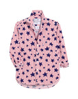 The Frank & Eileen Eileen S25 is a relaxed fit button-up shirt featuring red and white vertical stripes with navy blue stars, made from premium Italian cotton. Rolled sleeves and a popped collar add effortless style.