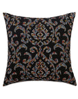 Euro sham in black cotton with vibrant ikat and swirl print by Eastern Accents, Freya Collection.