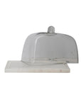 The Creative Co-op DF7379 Glass Cloche White Marble features a rectangular white marble tray with a clear glass dome and round knob—ideal for elegant food or kitchen storage, perfect for serving cheese or butter.