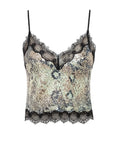 Shine in the Le Superbe Glossy Snake Cami—a women’s top with thin black straps, a sparkling snakeskin pattern, and chic lace trim at the neckline and hem.