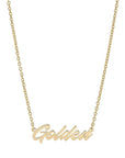 The Faire Script Necklace is a 14K gold, handmade piece featuring a cursive "Golden" pendant attached at both ends to the chain, photographed on a plain white background.