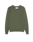 The College Sweatshirt S25 by The Great Inc.—an olive green oversized pullover with long sleeves, ribbed cuffs, and hem—shown laid flat on white for a handcrafted Los Angeles aesthetic.
