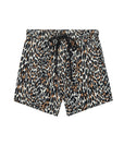 The Delta Short by The Great Inc. is a women's soft cotton gauze short with an elastic waistband, black drawstring, and leopard print in brown, black, and beige on white.