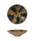 The image displays the Creative Co-op Round 15" Terra-cotta Bowl, handmade with a wide rim and a green, yellow, and blue marbled reactive glaze interior, shown in both top and side views against a white background.