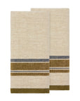 Two folded beige Antibes Natural Towels from Caravan, set of 2, with olive green and dark gray horizontal stripes near the bottom, displayed against a white background.