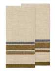 The CH Tea Towels S/2 by Faire feature a linen-cotton blend with olive green and dark blue stripes near the edges. The two towels are folded and slightly overlapping on a white background, ideal for a French country kitchen.