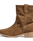 The GROUSE boot by Beek is a single brown suede ankle boot with a low leather heel, rounded toe, and pull tab, shown in profile on a white background.