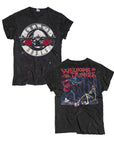 Two black Guns N Roses Crew Tees by Made Worn, front featuring the iconic logo with two red roses, back displaying "Welcome to the Jungle" and an illustrated scene of skeletons and musicians.
