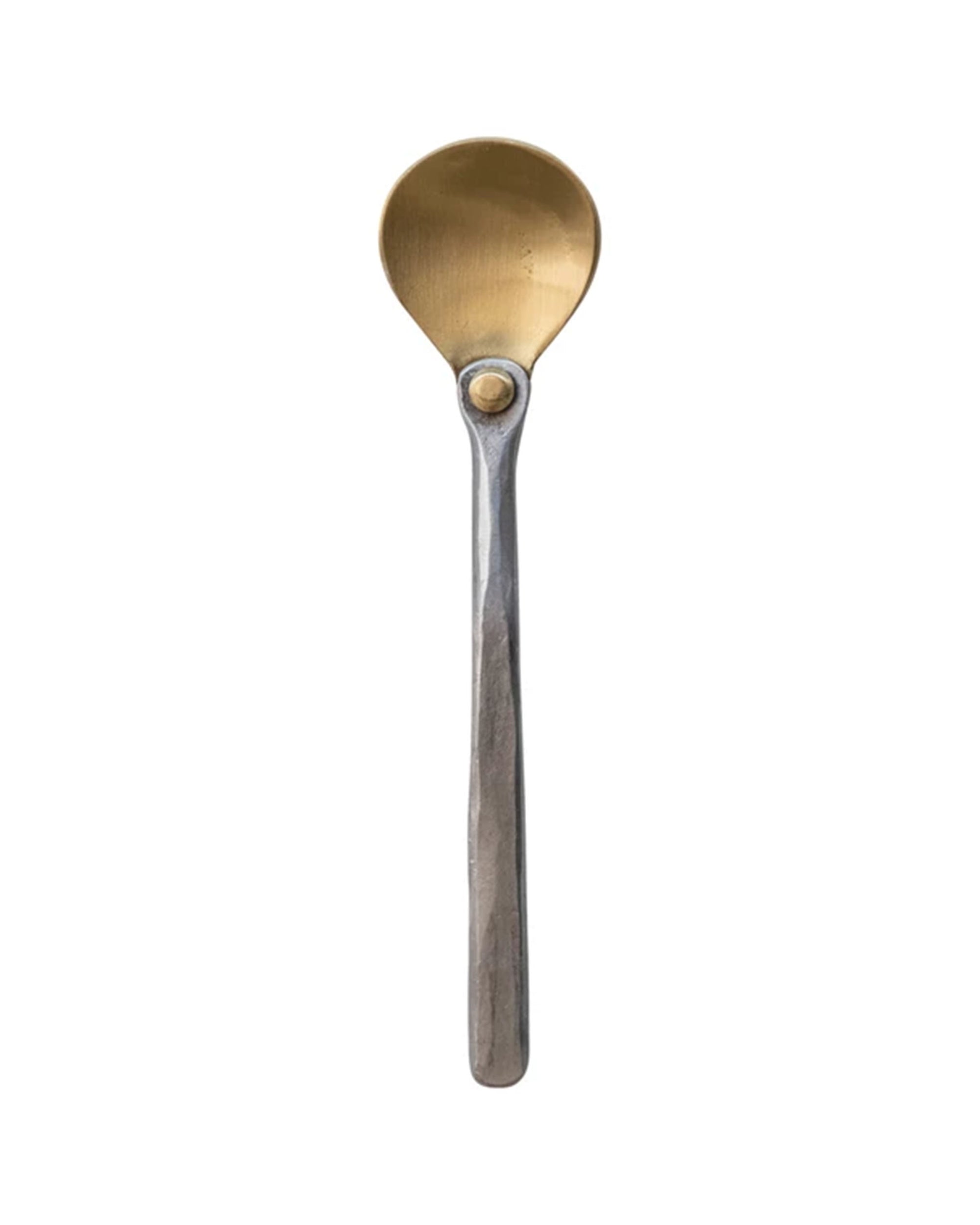 The Brass Spoon Alum Handle by Bloomingville features a gold-toned, round brass bowl with a matte hammered aluminum handle, shown against a white background.