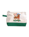The "Hey Good Lookin'" pouch by Faire features a cartoon horse in a blue hat, green bottom, loop handle, and heart-shaped "Jolly Good" patch—a playful makeup bag for your daily essentials.