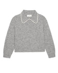 The Crochet Collar Pullover by The Great Inc. is a gray plush knit sweater featuring long sleeves and a wide crochet collar with white scalloped trim, shown laid flat on a white background.