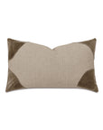 The Eastern Accents HIGGINS LEATHER CORNERS pillow features a rectangular khaki design with textured fabric and brown leather corners, shown on a white background.