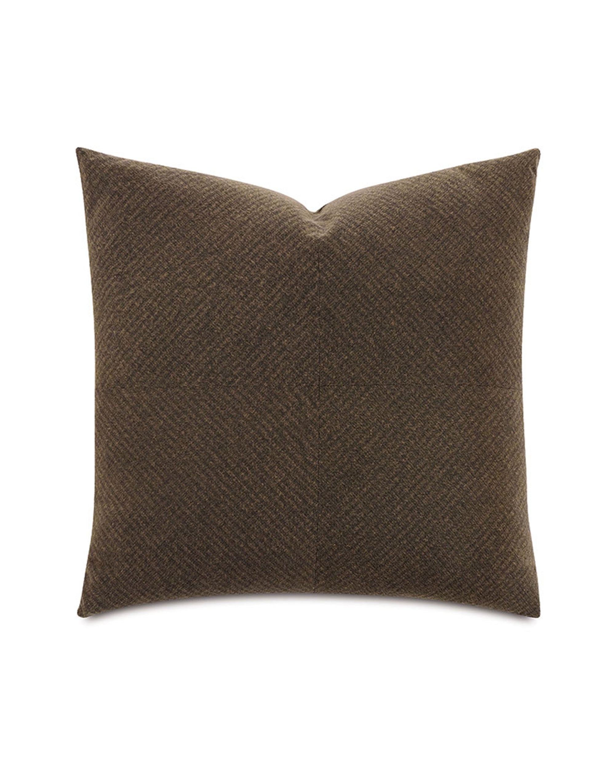 The Higgins Pieced decorative pillow by Eastern Accents features a square shape, brown cotton fabric, and a subtle diagonal herringbone pattern, displayed against a plain white background.