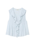 The Hilda Top by DOEN is a sleeveless, light blue blouse featuring lace-trimmed ruffles at the V-neck and front pleats. Made from lightweight organic cotton, it's a flowy piece ideal for warm weather.