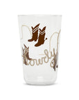 Clear glass tumbler with cowboy boots and rope howdy motif, Fishes Eddy, soda lime glass, western style.