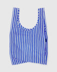 The Baggu Standard by Baggu is a reusable bag made from recycled ripstop nylon with vertical blue and white stripes, shown flat on a plain white background.