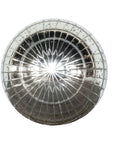 Viewed from above against a white background, the shiny, round Wunderkammer Orb by Blue Ocean Traders—with its antique-silver glass and grid pattern—reflects light in vintage style, making it an eye-catching accent for any space.