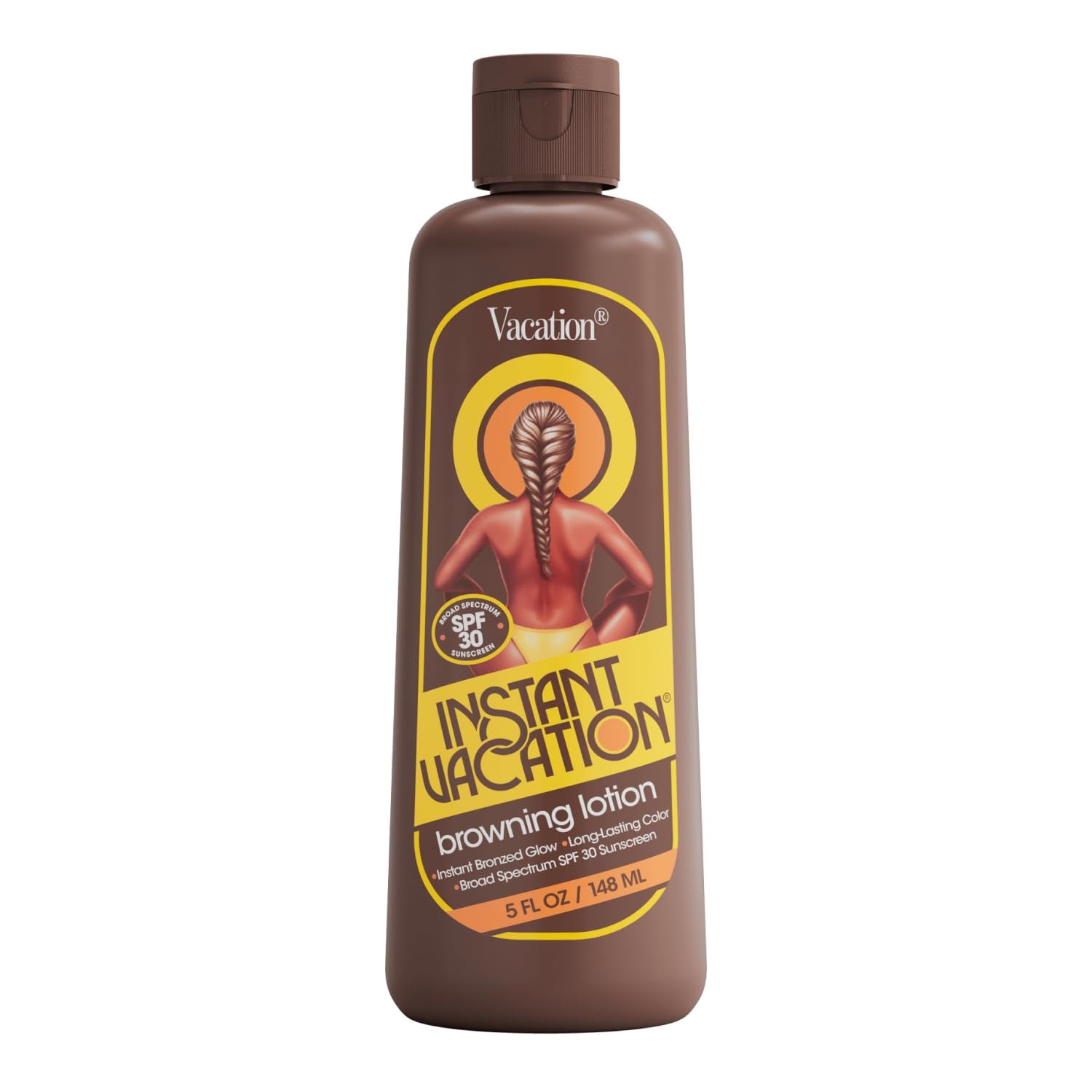 Bottle of Vacation brand Instant Vacation Browning SPF 30 lotion with SPF 30. The bottle is brown and features an illustration of a woman lounging in a yellow circle, reminiscent of the sun.