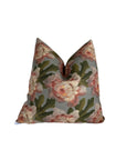 The Rennah Collective Iris Pillow 22x22 is a square woven pillow with large pink and cream floral designs on muted gray, made of a polyester-linen blend. It has a plush look, subtle center crease, and is machine washable for easy care.