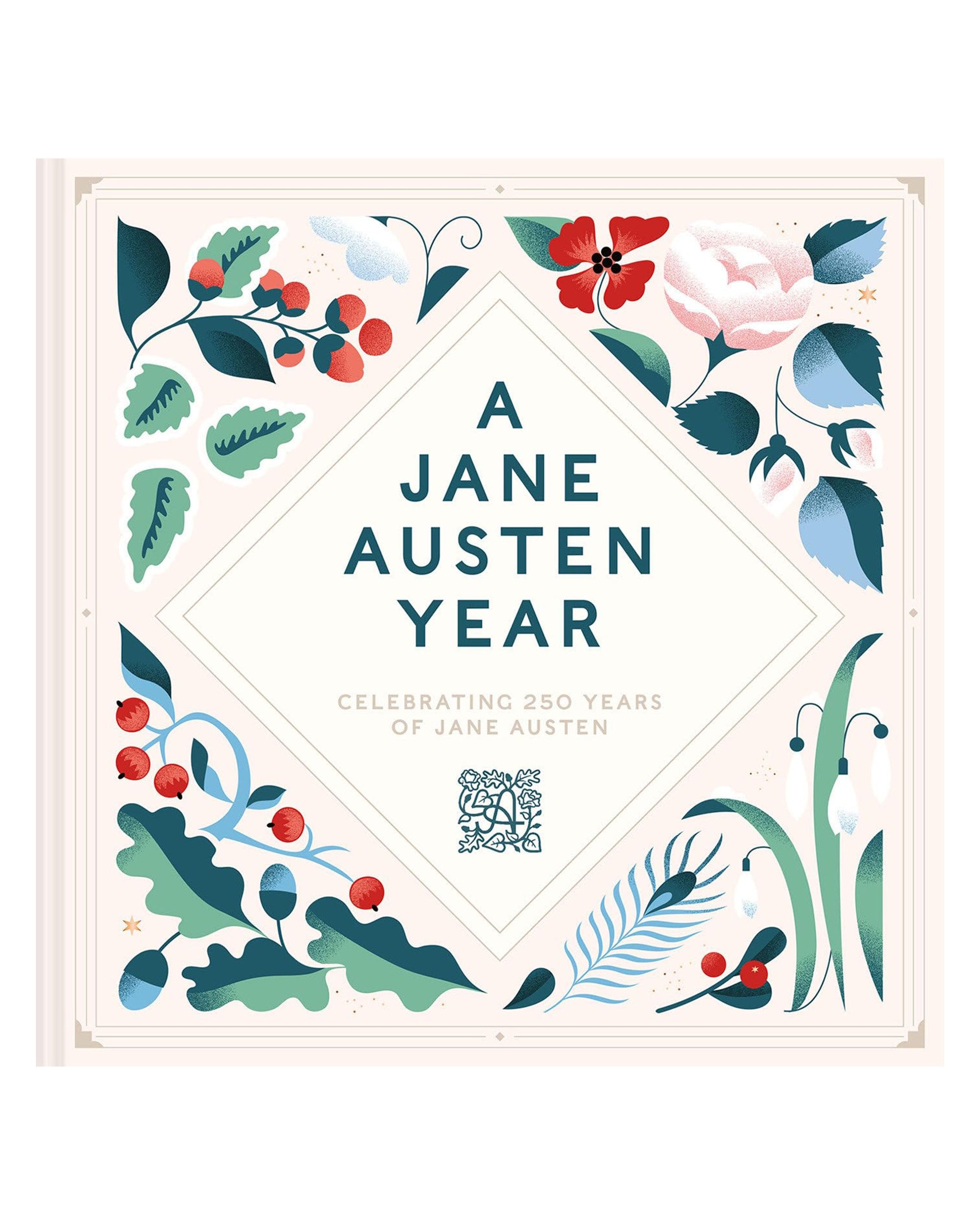 Book cover for "A Jane Austen Year" by Random House, featuring red, blue, green, and pink floral designs with the title centered on a white diamond backdrop.
