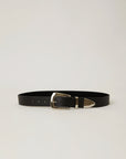 The B-Low The Belt Jordana Mini is a genuine leather Western belt with a shiny silver buckle and pointed tip, shown against a plain light background.