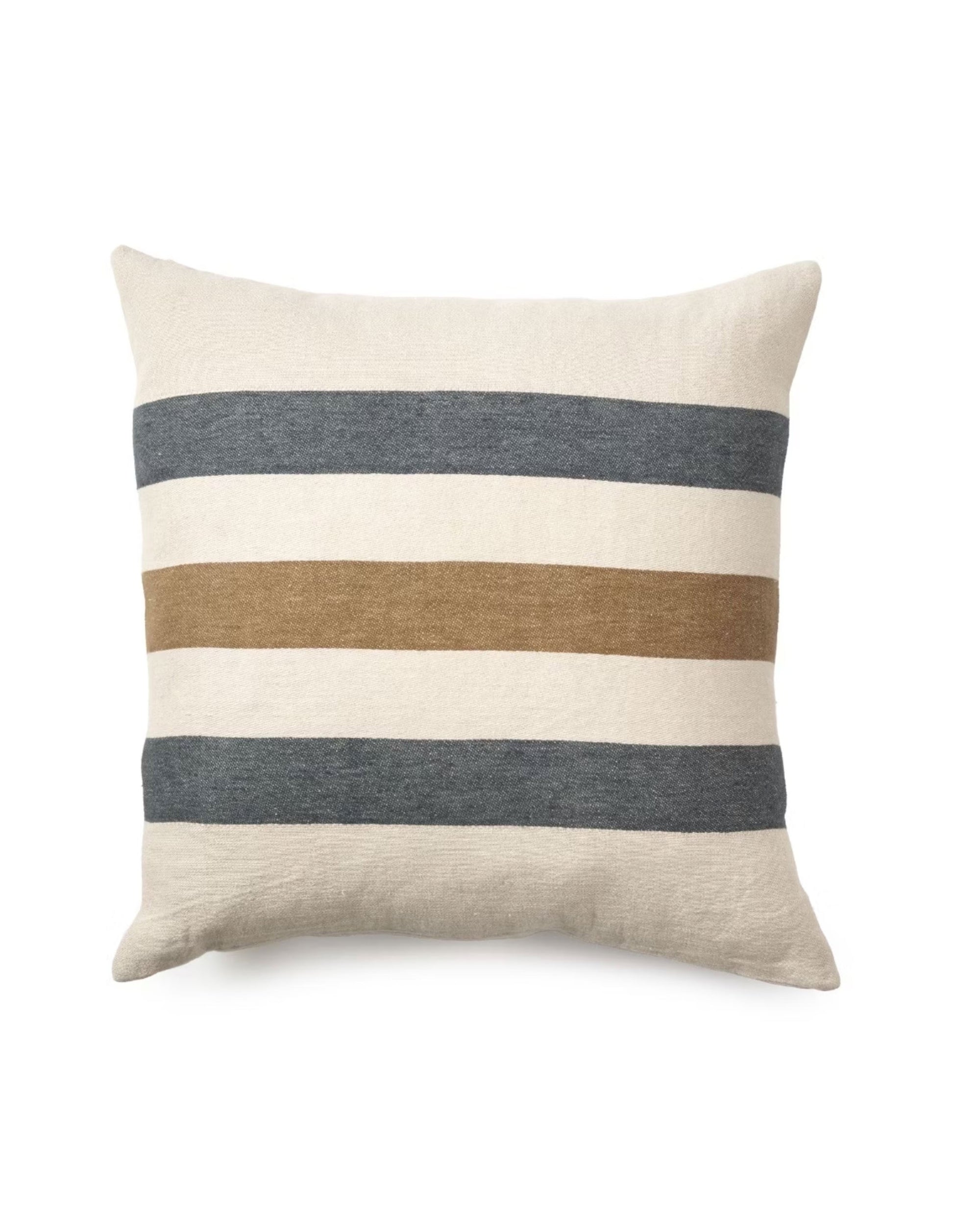 The Julian Pillow by Libeco Home is a square throw pillow with a cream background, warm oak stripes, and dark gray accents. Its simple, modern design takes inspiration from classic Belgian towel patterns for timeless style.