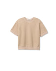 The Kennedy SS Crew Sweatshirt by Perfectwhitetee in beige features short sleeves, a crew neckline, relaxed fit, ribbed cuffs and hem, shown against a white background.