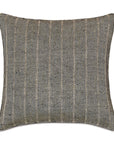 The Kimahri pillow by Eastern Accents features textured fabric with alternating vertical stripes of geometric diamond patterns in black, white, and beige. Ethnic-inspired and finished with a subtle piped edge.