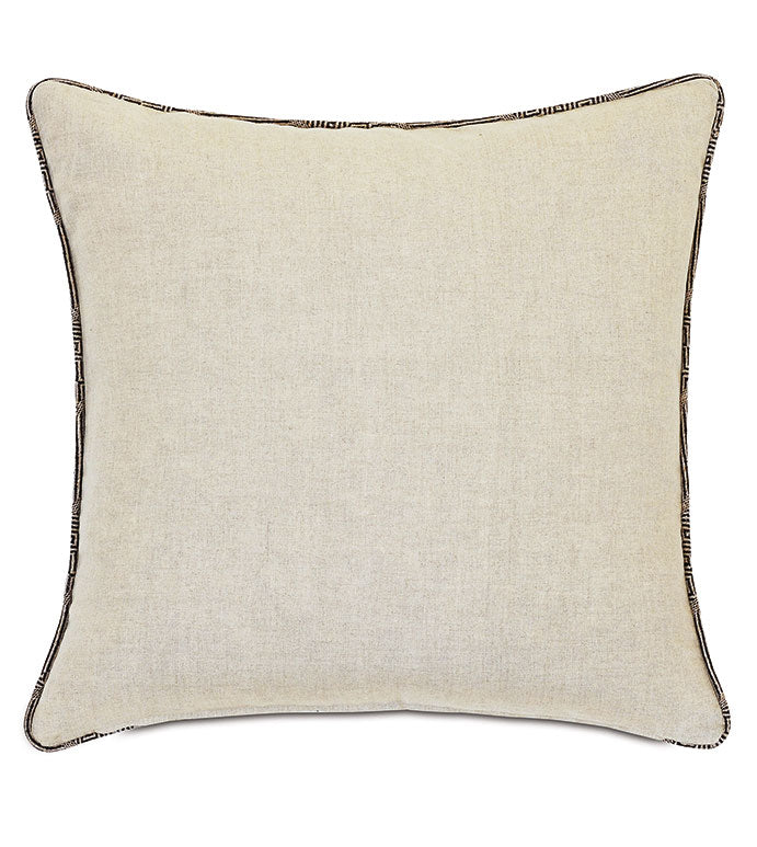 The Kimahri pillow by Eastern Accents features a square shape with plain light beige linen fabric and dark edge piping, displayed against a white background.
