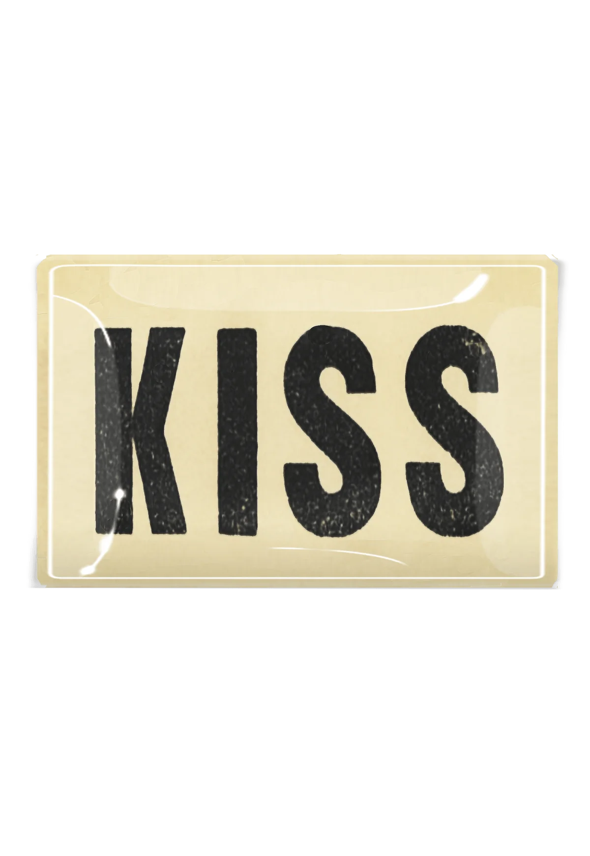 A graphic image of a Ben&#39;s Garden Tray 5.5&quot; x 8.5&quot; with the word &quot;KISS&quot; in bold, black letters on a pale yellow background, resembling a bungalow nameplate.