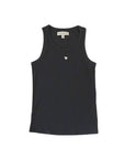 The KR Tank by Kerri Rosenthal is a black ribbed cotton-spandex tank top featuring a small white embroidered heart on the chest, shown laid flat on a white background.