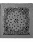 Anthra Noir bandana with black paisley and floral print, fringed edges, by KUJTEN.