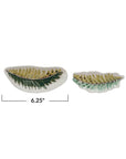 Set of two Creative Co-op Stoneware Bowl Assorted dishes, leaf-shaped with a green and yellow fern design. Largest is 6.25" long. Food safe—ideal for serving snacks or holding trinkets.