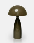 The H8-007 Leoma Lamp by Abigail Ahern features a modern design with a shiny olive green finish, rounded dome shade, and smooth cylindrical base, displayed against a plain white background.