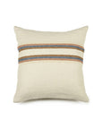 The Belgian Pillow by Libeco Home is a 20x20 decorative cushion with a light beige cover and two horizontal stripes in blue, brown, and tan—an elegant accent for any home.
