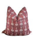 Pink pillow with white floral pattern, 22x22in, by Bungalow Furniture & Accessories, displayed on white background.