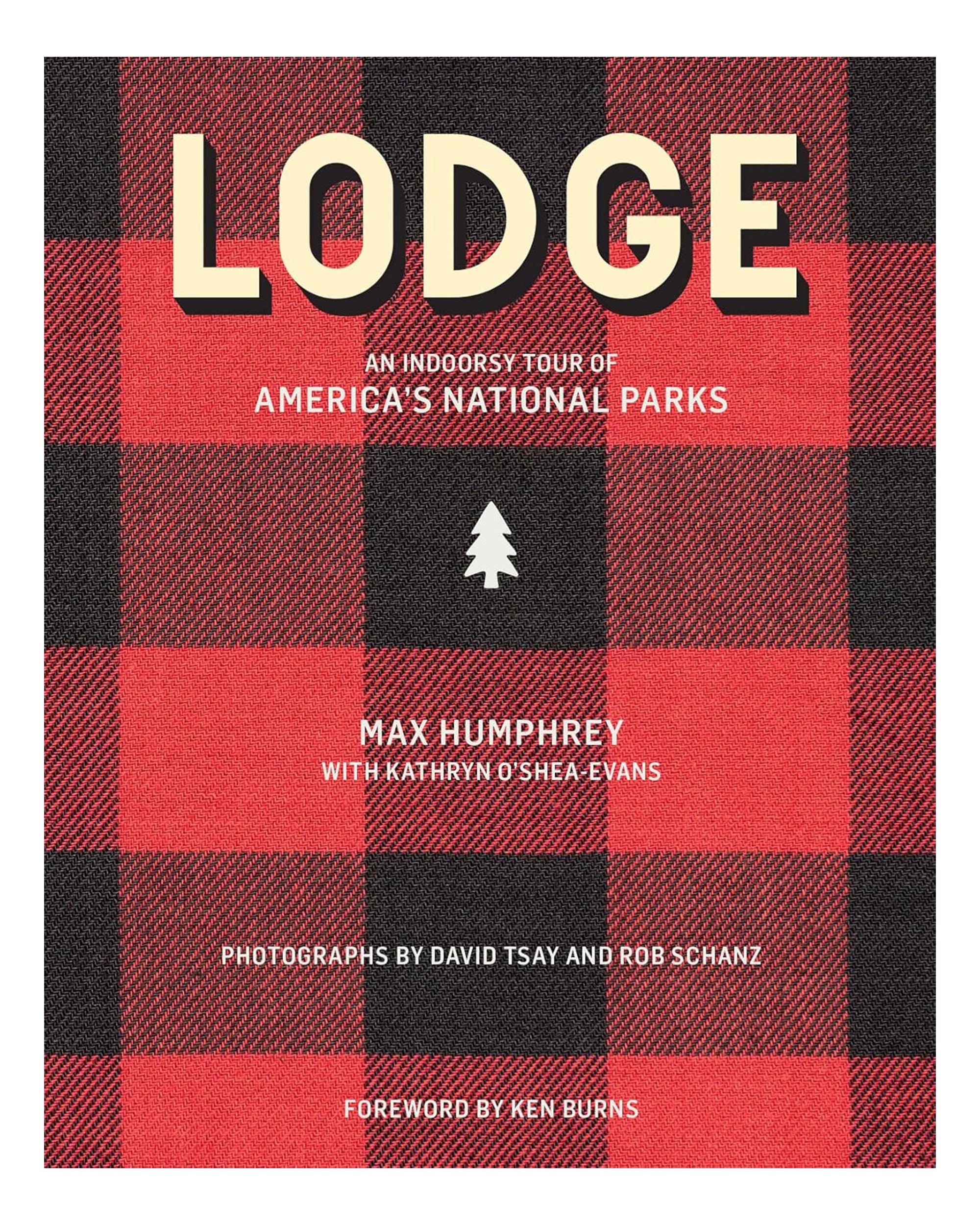 Lodge" by Gibbs Smith Publisher features a red and black plaid cover, bold white text, and a pine tree graphic—evoking the classic charm of America's National Park lodges.