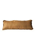 The Faire Luxe Linen Lumbar Pillow, featuring a rectangular shape and brown color with fringed edges, is shown against a plain white background.