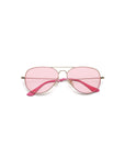 The Caddis Mabuhay Polished Gold features wire frame aviator sunglasses with thin gold metal frames, pink-tinted lenses, and comfortable rubber temple tips, shown on a white background.