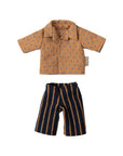 Dad Mouse outfit with striped pants and shirt, Maileg brand, flat lay on white background.
