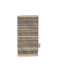 The Maileg Rug by Maileg is a rectangular woven door mat with horizontal stripes in blue, brown, beige, and green. It features fringed edges and a small fabric tag—ideal as a stylish accent for your small home decor. Shown on a white background.