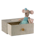 Maileg Dance Mouse Little Sis in blue tutu sits with pillow on gold-knob daybed, Bungalow Furniture & Accessories.